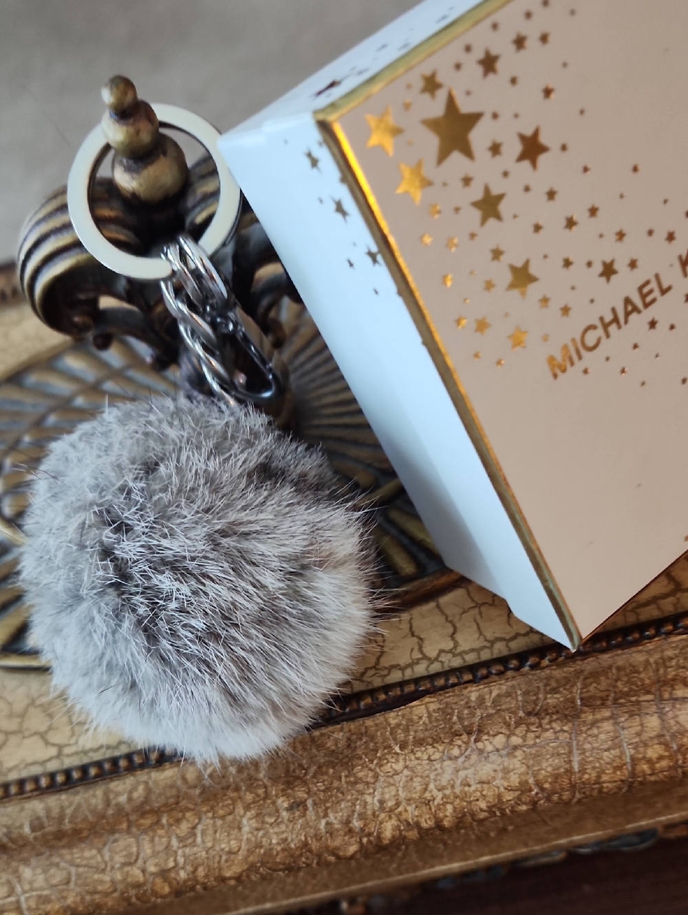 Michael Kors Gray Fox Fur Pom Pom Key Chain with Silver Accents